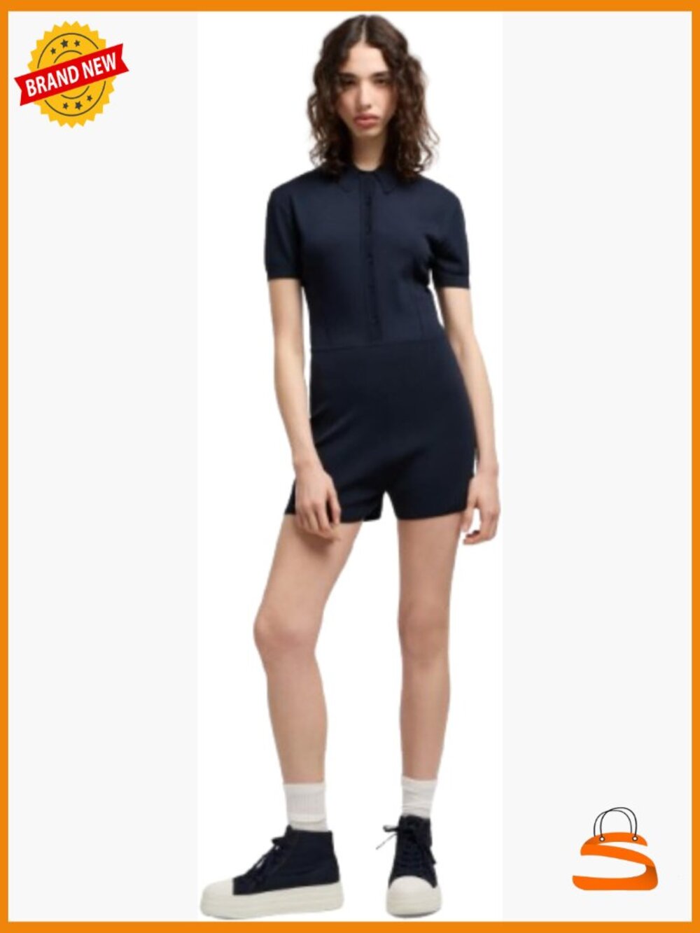 Short Knit Jumpsuit with Collared Neck and Cuff Sleeves